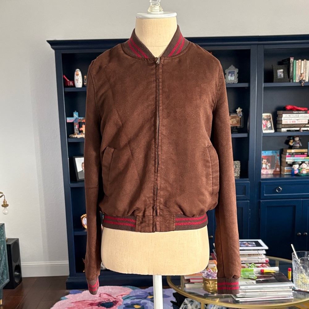 Better B Sporty Faux Suede Chocolate Brown with Red trim Bomber Jacket size M